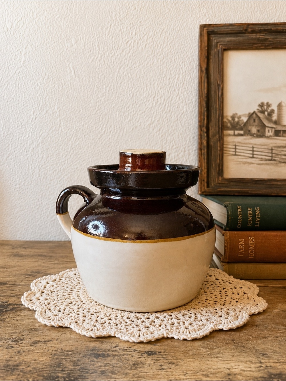 Brown & Cream Stoneware Crock Jar with Lid